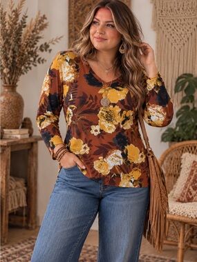 Denim & Co. Floral Vintage Boho V-Neck Pullover Sweater Size 1X